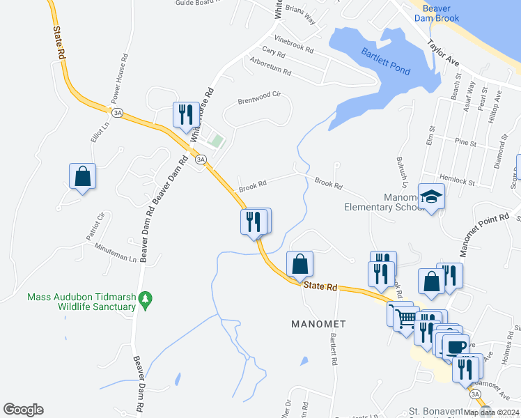 map of restaurants, bars, coffee shops, grocery stores, and more near 558 State Road in Plymouth