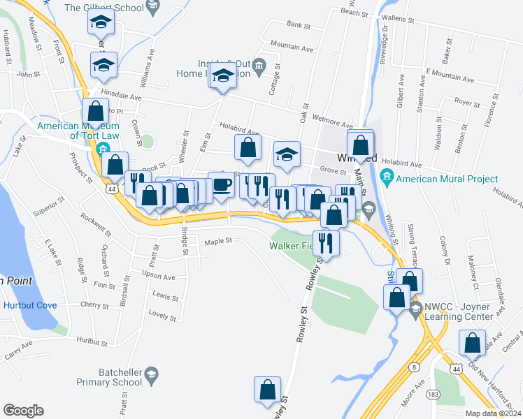 map of restaurants, bars, coffee shops, grocery stores, and more near 266 Main Street in Winsted