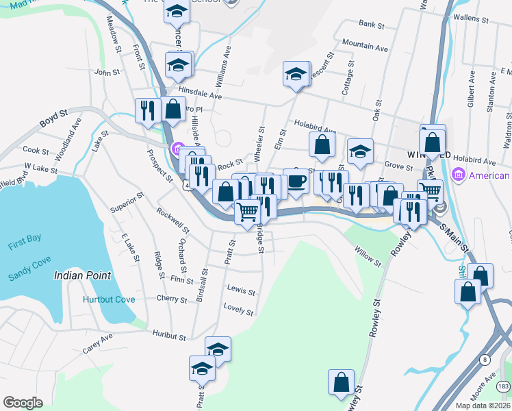 map of restaurants, bars, coffee shops, grocery stores, and more near 45 Elm Street in Winsted