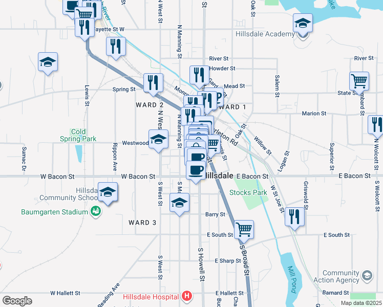 map of restaurants, bars, coffee shops, grocery stores, and more near 39 North Manning Street in Hillsdale