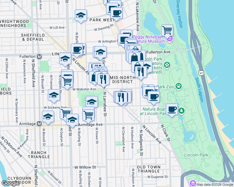 map of restaurants, bars, coffee shops, grocery stores, and more near 514 West Webster Avenue in Chicago