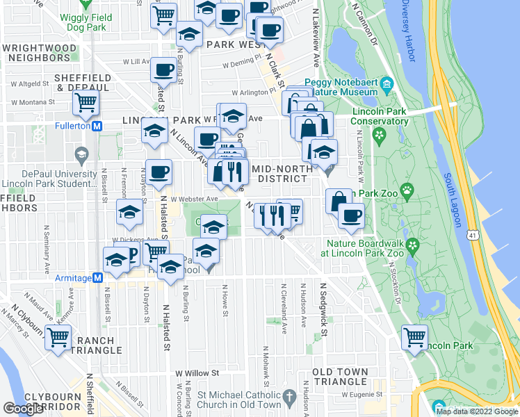 map of restaurants, bars, coffee shops, grocery stores, and more near 514 West Webster Avenue in Chicago