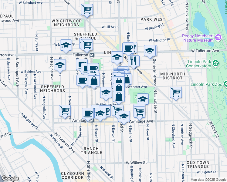 map of restaurants, bars, coffee shops, grocery stores, and more near 822 West Webster Avenue in Chicago