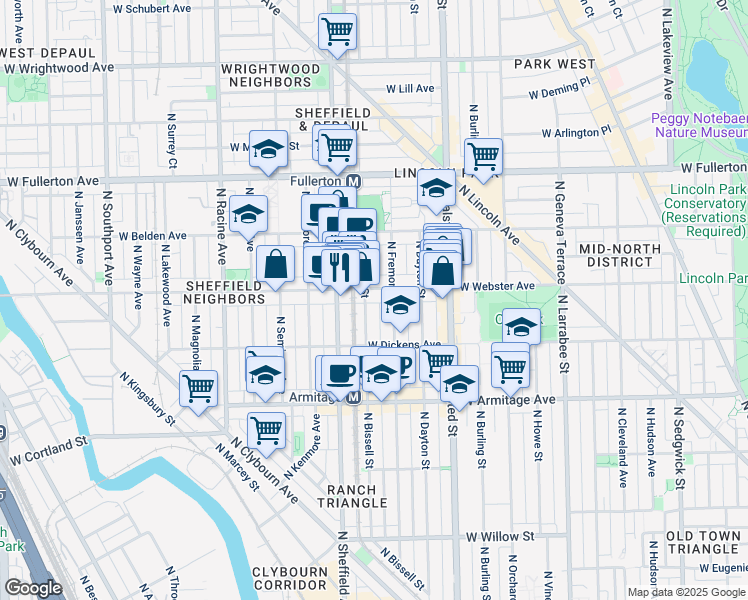 map of restaurants, bars, coffee shops, grocery stores, and more near 940 West Webster Avenue in Chicago
