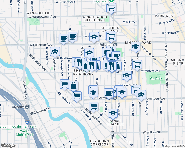 map of restaurants, bars, coffee shops, grocery stores, and more near 2201 North Clifton Avenue in Chicago