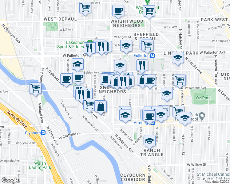 map of restaurants, bars, coffee shops, grocery stores, and more near in Chicago