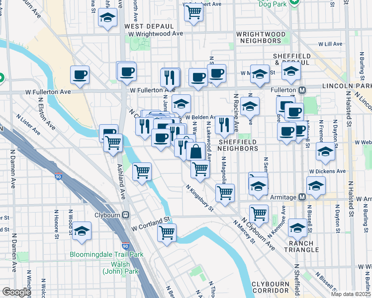 map of restaurants, bars, coffee shops, grocery stores, and more near 1358 West Webster Avenue in Chicago