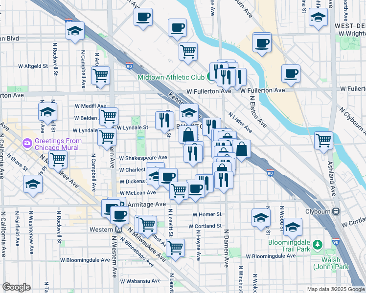map of restaurants, bars, coffee shops, grocery stores, and more near in Chicago