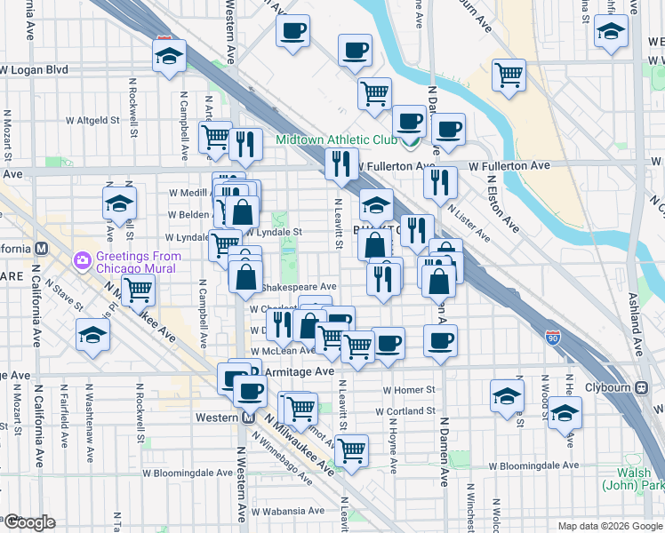map of restaurants, bars, coffee shops, grocery stores, and more near 2221 North Leavitt Street in Chicago