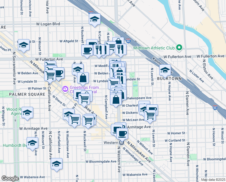 map of restaurants, bars, coffee shops, grocery stores, and more near 2424 West Palmer Street in Chicago