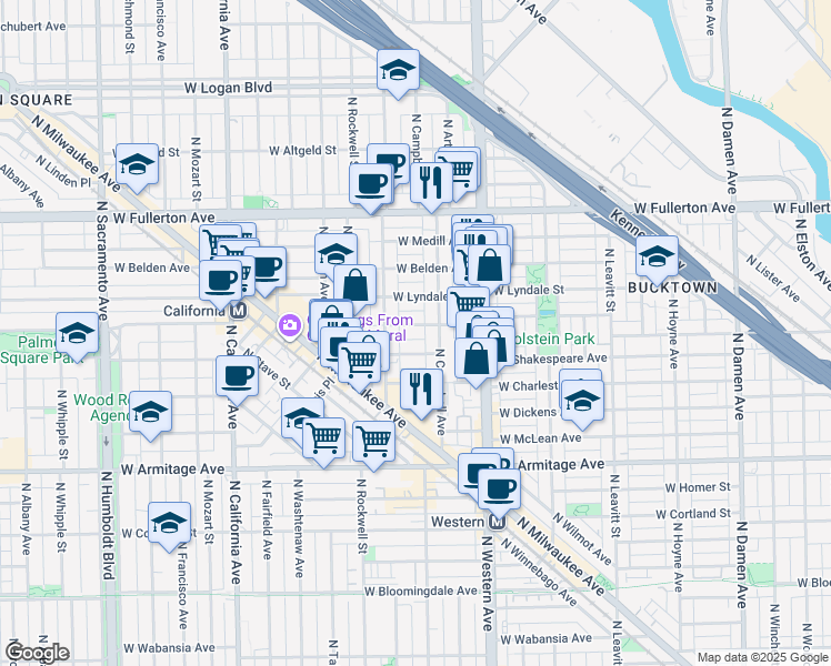 map of restaurants, bars, coffee shops, grocery stores, and more near 2516 West Palmer Street in Chicago