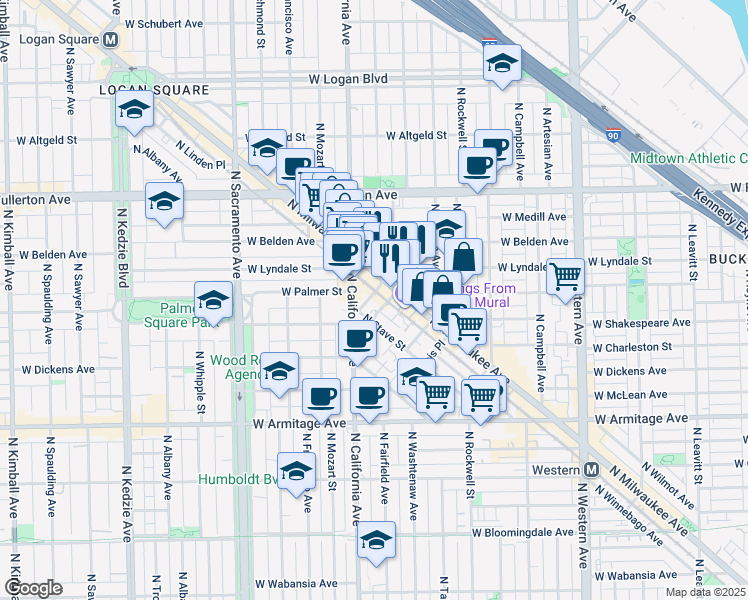 map of restaurants, bars, coffee shops, grocery stores, and more near 2262 North Milwaukee Avenue in Chicago