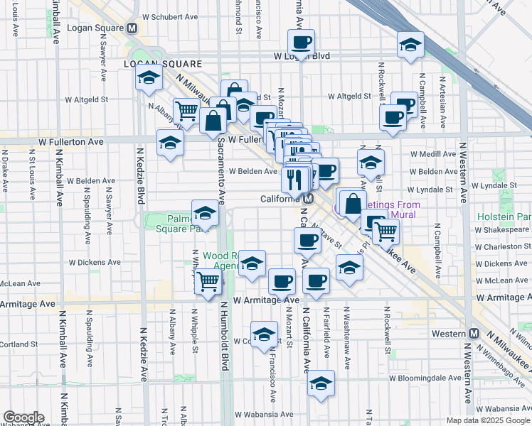 map of restaurants, bars, coffee shops, grocery stores, and more near 2842 West Palmer Street in Chicago