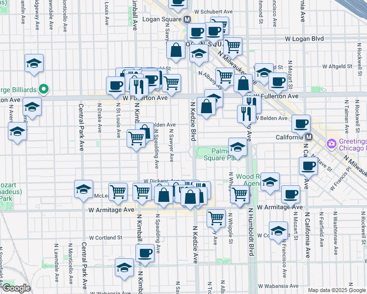 map of restaurants, bars, coffee shops, grocery stores, and more near 2228 North Kedzie Boulevard in Chicago