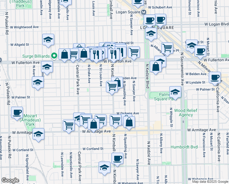 map of restaurants, bars, coffee shops, grocery stores, and more near 3406 West Lyndale Street in Chicago