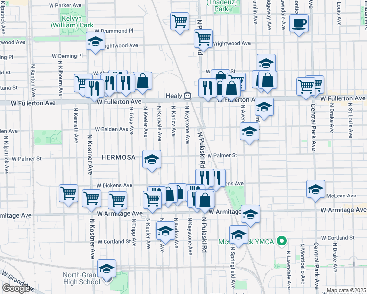 map of restaurants, bars, coffee shops, grocery stores, and more near 2239 North Karlov Avenue in Chicago