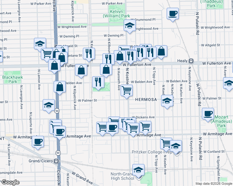 map of restaurants, bars, coffee shops, grocery stores, and more near 2242 North Kenneth Avenue in Chicago