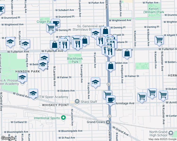 map of restaurants, bars, coffee shops, grocery stores, and more near 2246 North Laporte Avenue in Chicago