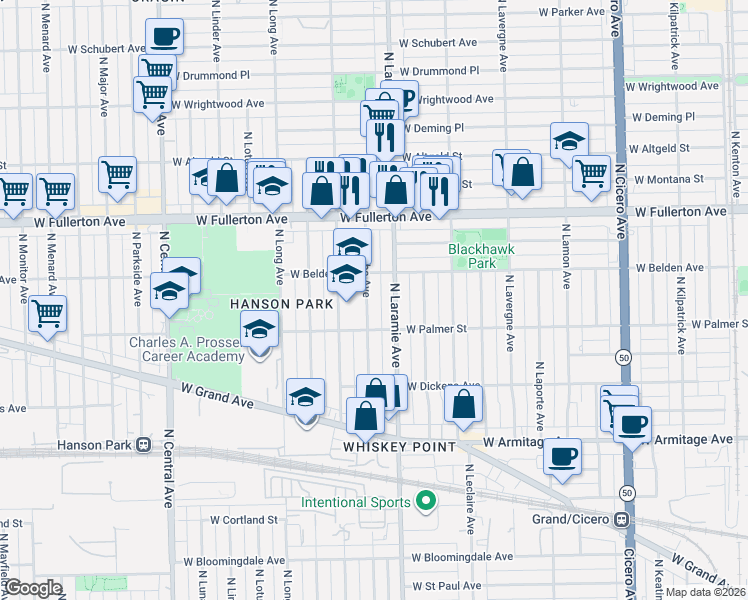 map of restaurants, bars, coffee shops, grocery stores, and more near 2250 North Latrobe Avenue in Chicago