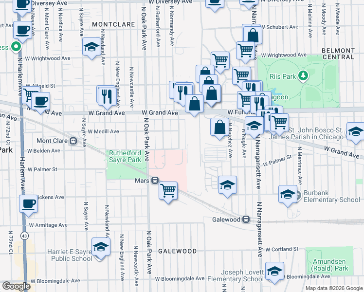 map of restaurants, bars, coffee shops, grocery stores, and more near 2325 North Normandy Avenue in Chicago