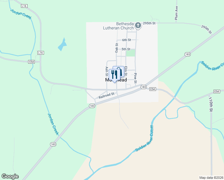 map of restaurants, bars, coffee shops, grocery stores, and more near County Highway E54 in Moorhead
