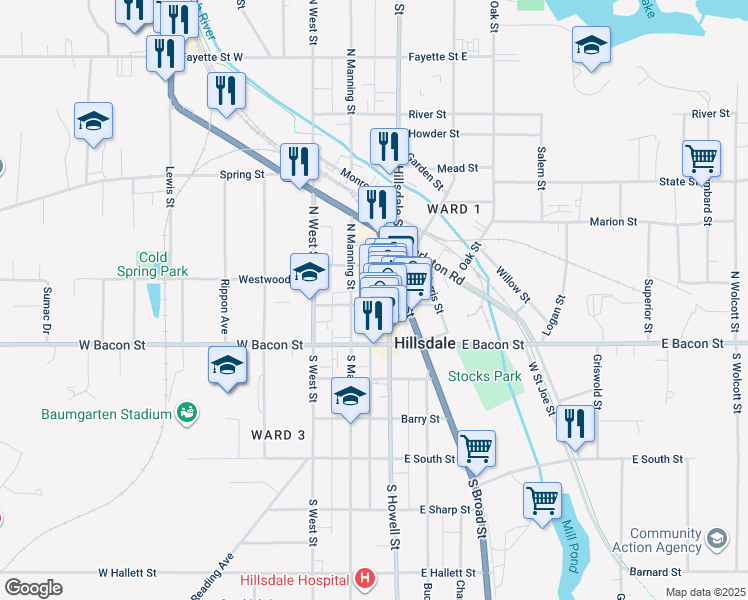 map of restaurants, bars, coffee shops, grocery stores, and more near 39 North Manning Street in Hillsdale