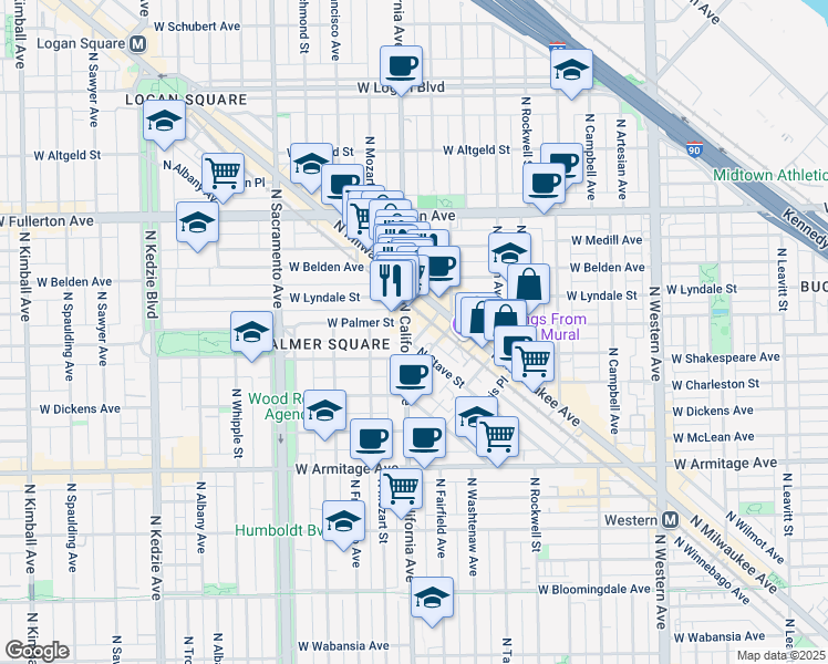 map of restaurants, bars, coffee shops, grocery stores, and more near 2204 North California Avenue in Chicago