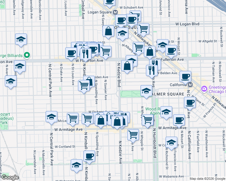 map of restaurants, bars, coffee shops, grocery stores, and more near 2228 North Kedzie Boulevard in Chicago