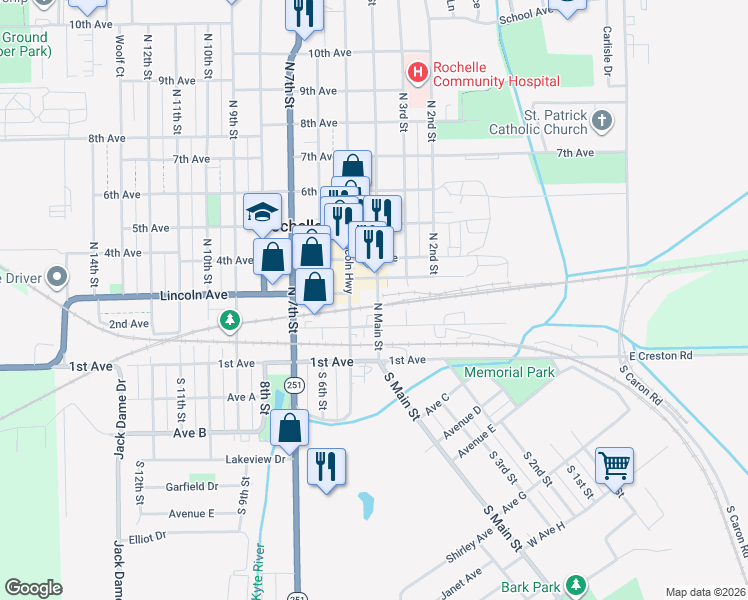 map of restaurants, bars, coffee shops, grocery stores, and more near 406 Cherry Avenue in Rochelle