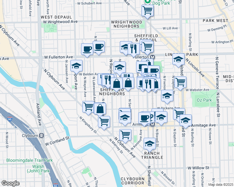 map of restaurants, bars, coffee shops, grocery stores, and more near 2201 North Clifton Avenue in Chicago