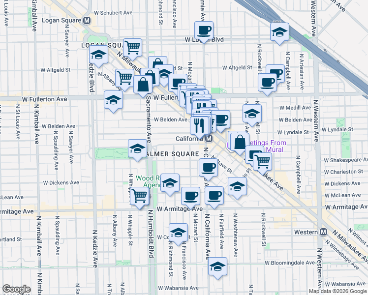 map of restaurants, bars, coffee shops, grocery stores, and more near 2842 West Palmer Street in Chicago