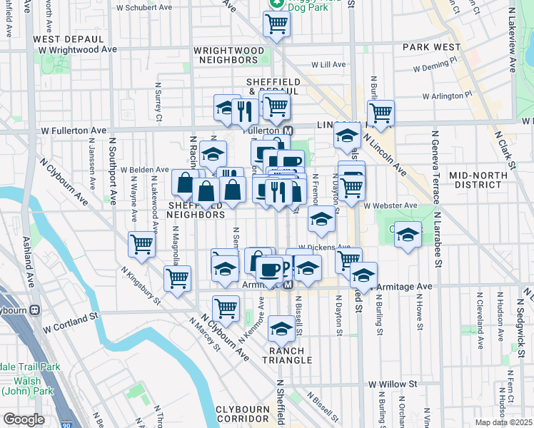 map of restaurants, bars, coffee shops, grocery stores, and more near 1013 West Webster Avenue in Chicago
