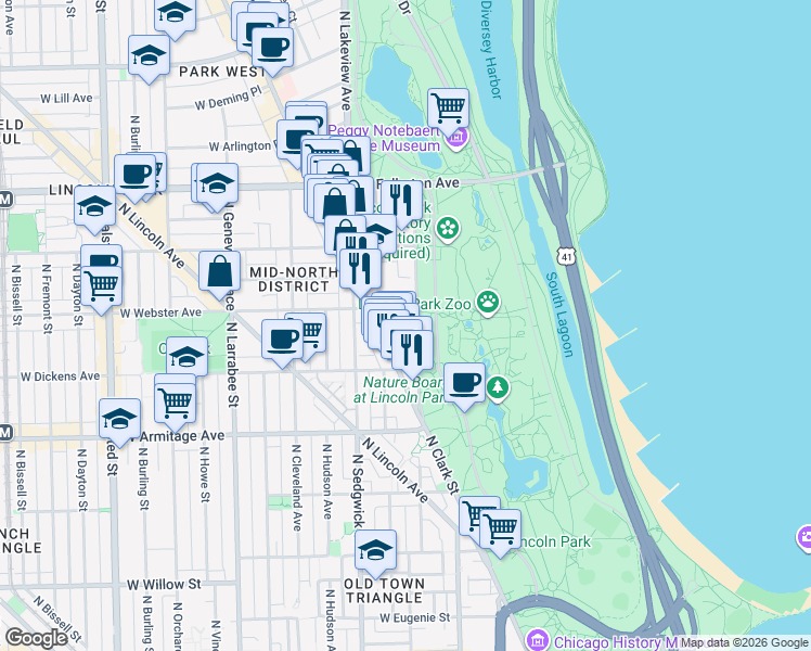 map of restaurants, bars, coffee shops, grocery stores, and more near 327 West Webster Avenue in Chicago