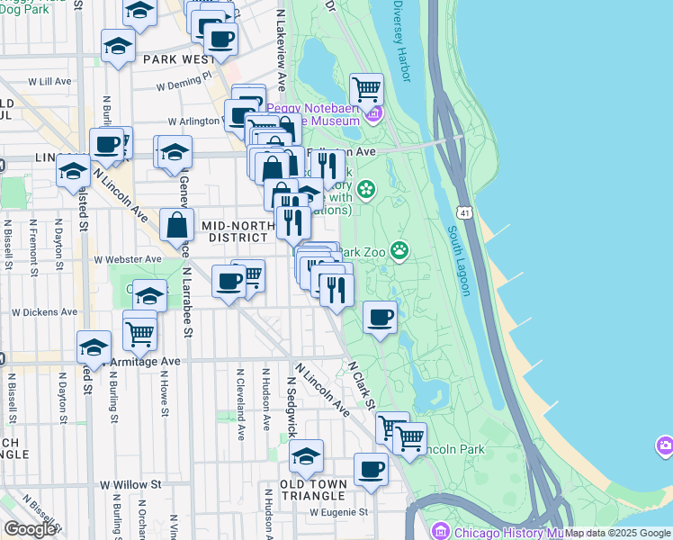 map of restaurants, bars, coffee shops, grocery stores, and more near 300 West Webster Avenue in Chicago