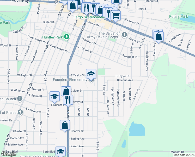 map of restaurants, bars, coffee shops, grocery stores, and more near 821 South 7th Street in DeKalb