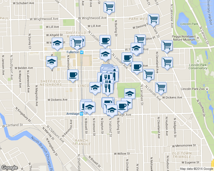 map of restaurants, bars, coffee shops, grocery stores, and more near 2150 North Halsted Street in Chicago