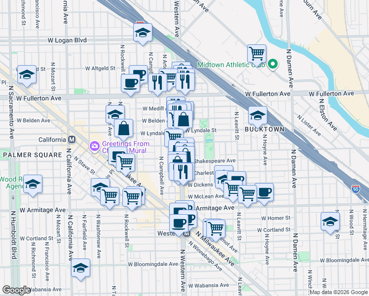 map of restaurants, bars, coffee shops, grocery stores, and more near 2157 North Western Avenue in Chicago