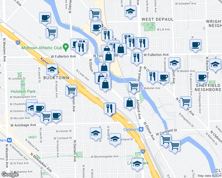 map of restaurants, bars, coffee shops, grocery stores, and more near N Elston Ave & W Webster Ave in Chicago