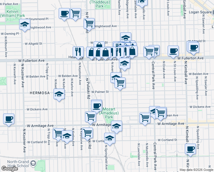 map of restaurants, bars, coffee shops, grocery stores, and more near 2236 North Springfield Avenue in Chicago