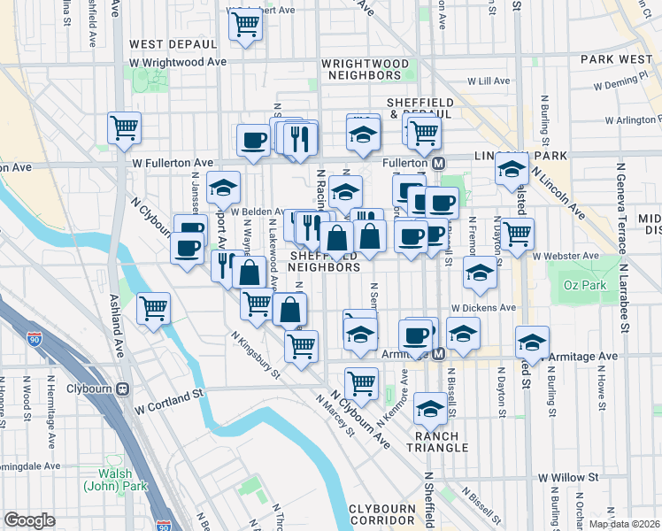 map of restaurants, bars, coffee shops, grocery stores, and more near 1155 West Webster Avenue in Chicago