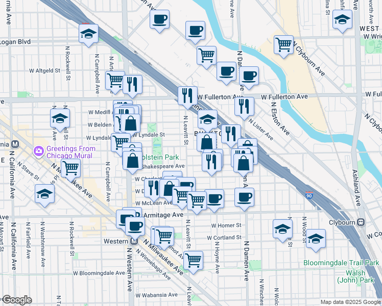 map of restaurants, bars, coffee shops, grocery stores, and more near 2221 North Leavitt Street in Chicago
