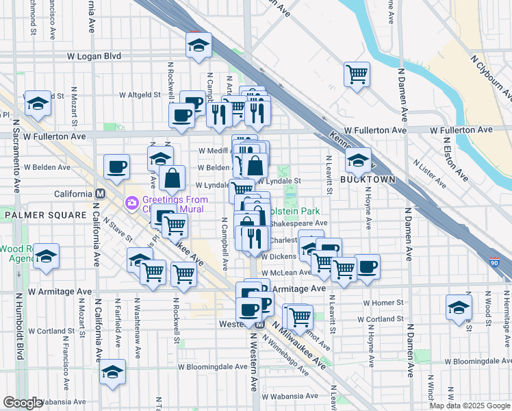 map of restaurants, bars, coffee shops, grocery stores, and more near 2346 West Palmer Street in Chicago