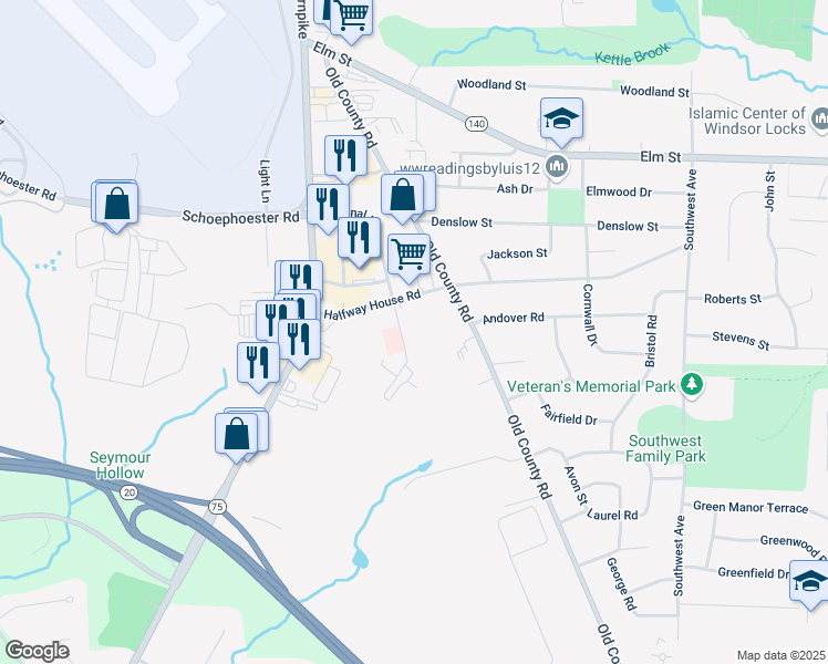 map of restaurants, bars, coffee shops, grocery stores, and more near 535 Halfway House Road in Windsor Locks