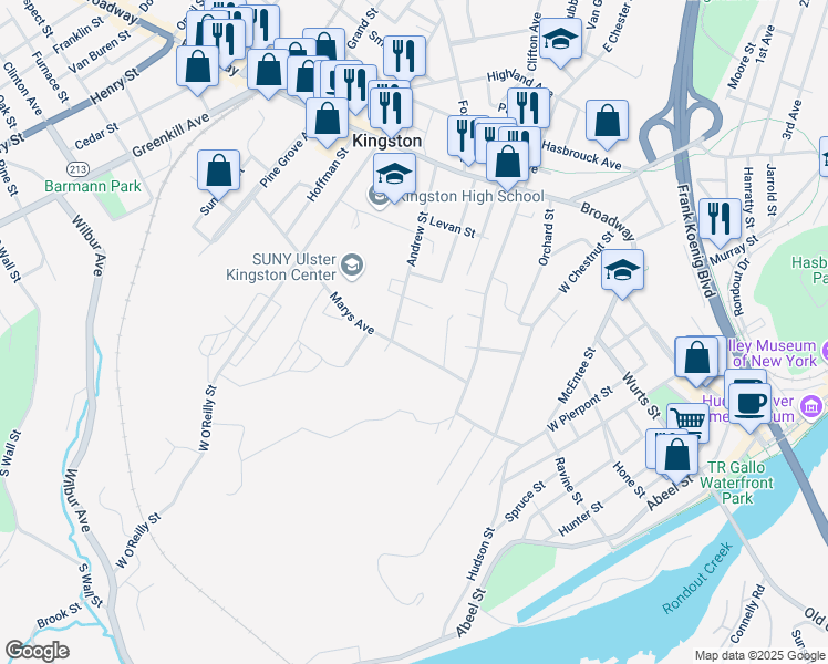 map of restaurants, bars, coffee shops, grocery stores, and more near 94 Augusta Street in Kingston