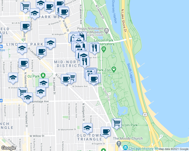 map of restaurants, bars, coffee shops, grocery stores, and more near 327 West Webster Avenue in Chicago