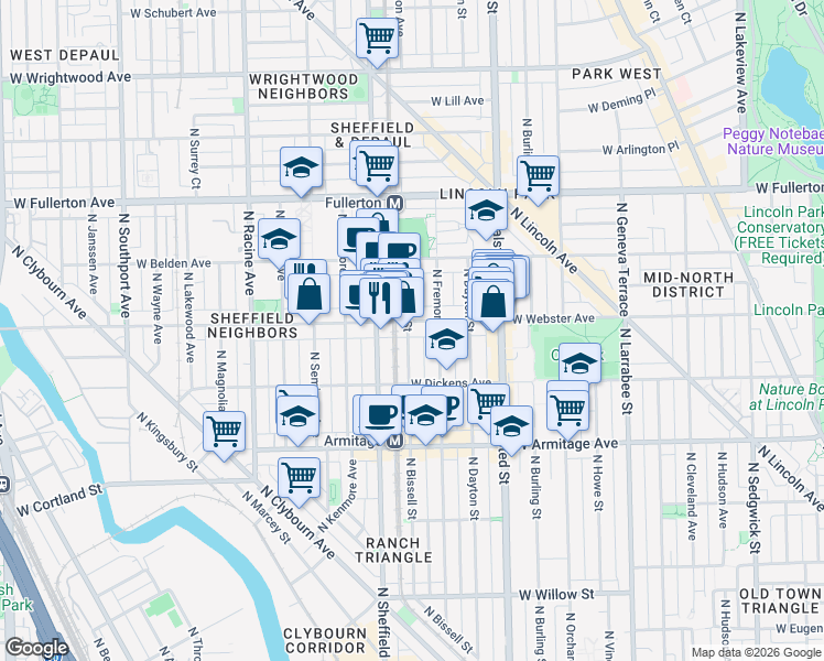 map of restaurants, bars, coffee shops, grocery stores, and more near 940 West Webster Avenue in Chicago