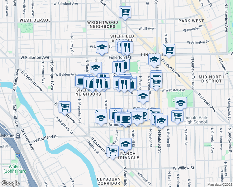 map of restaurants, bars, coffee shops, grocery stores, and more near in Chicago