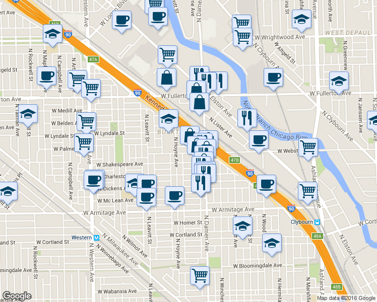 map of restaurants, bars, coffee shops, grocery stores, and more near 2218 North Seeley Avenue in Chicago