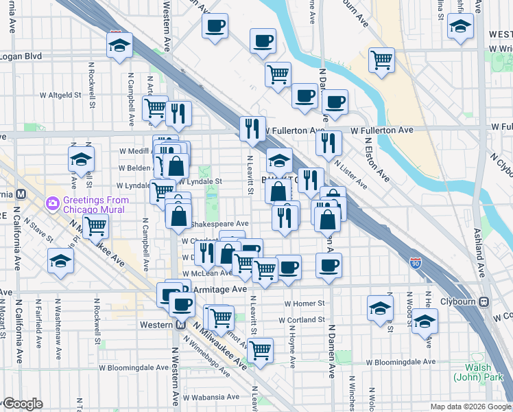 map of restaurants, bars, coffee shops, grocery stores, and more near 2221 North Leavitt Street in Chicago