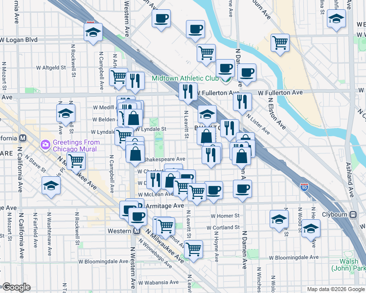 map of restaurants, bars, coffee shops, grocery stores, and more near 2221 North Leavitt Street in Chicago